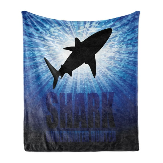 Shark Soft Flannel Fleece Blanket, Underwater Hunter Phrase Fish Silhouette in the Ocean Danger in Marine Picture, Cozy Plush for Indoor and Outdoor Use, 50" x 60", Royal Blue Black, by Ambesonne