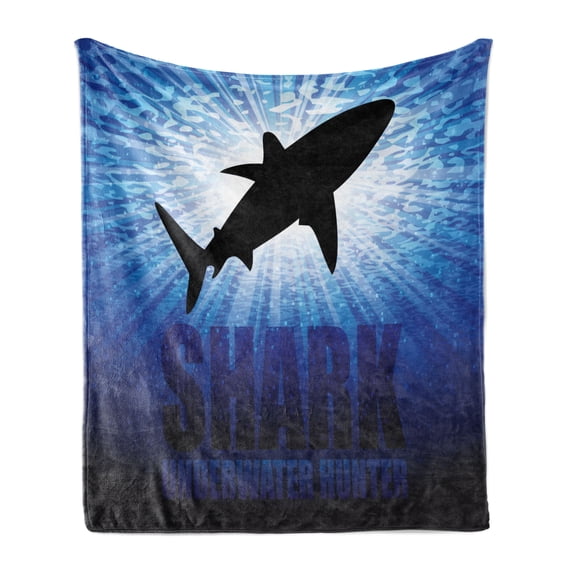 Shark Soft Flannel Fleece Blanket, Underwater Hunter Phrase Fish Silhouette in the Ocean Danger in Marine Picture, Cozy Plush for Indoor and Outdoor Use, 50" x 70", Royal Blue Black, by Ambesonne