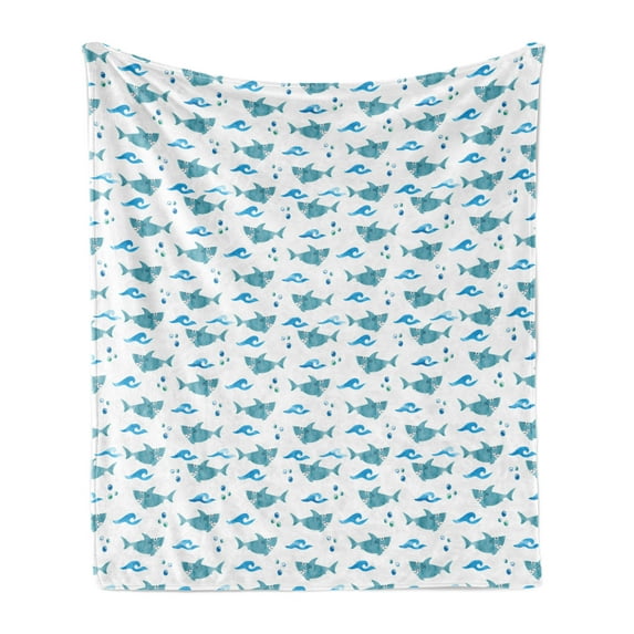 Shark Soft Flannel Fleece Blanket, Watercolor Animals with Silly Expressions Bubbles and Sea Waves Kids Ocean, Cozy Plush for Indoor and Outdoor Use, 60" x 80", Blue Pale Blue White, by Ambesonne