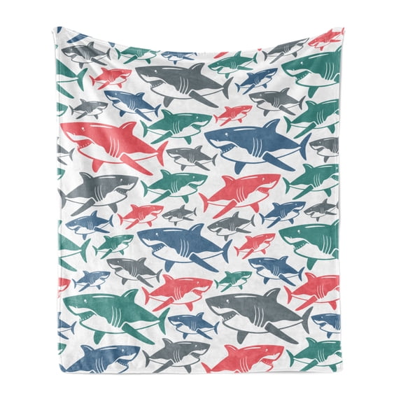 Shark Soft Flannel Fleece Throw Blanket, Colorful Underwater Fish Pattern Masters Survival Predators Dangerous Nature, Cozy Plush for Indoor and Outdoor Use, 70" x 90", Multicolor, by Ambesonne