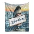 thumbnail image 1 of Shark Soft Flannel Fleece Throw Blanket, Dangerous Big Fish Holding Risks Ahead Lettering Plaque with Sharp Teeth in Ocean, Cozy Plush for Indoor and Outdoor Use, 70" x 90", Multicolor, by Ambesonne, 1 of 6