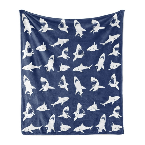 Shark Soft Flannel Fleece Throw Blanket, Fish Pattern Various Gestures Have a Bite Danger Humor Nautical Design, Cozy Plush for Indoor and Outdoor Use, 50" x 70", Violet Blue White, by Ambesonne