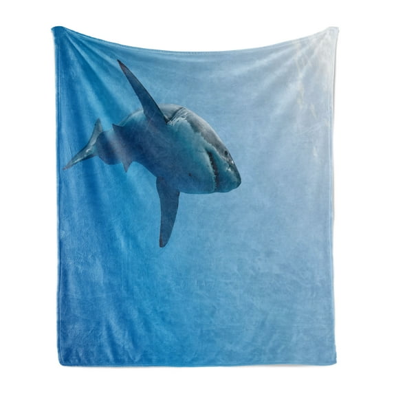 Shark Soft Flannel Fleece Throw Blanket, Fish Swimming in the Ocean Underwater Beauty Tropical Island Water Nature Landscape, Cozy Plush for Indoor and Outdoor Use, 50" x 70", Pale Blue, by Ambesonne