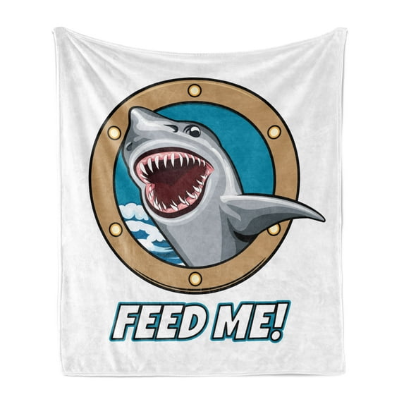 Shark Soft Flannel Fleece Throw Blanket, Funny Vintage Feed Me Words Hungry Hound Mammal Head in Ship Window Humor Print, Cozy Plush for Indoor and Outdoor Use, 50" x 70", Multicolor, by Ambesonne