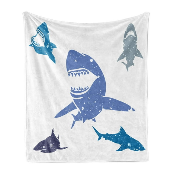 Shark Soft Flannel Fleece Throw Blanket, Grunge Style Big and Small Mammals Open Mouths Predator Dangerous Image Print, Cozy Plush for Indoor and Outdoor Use, 70" x 90", Royal Blue, by Ambesonne