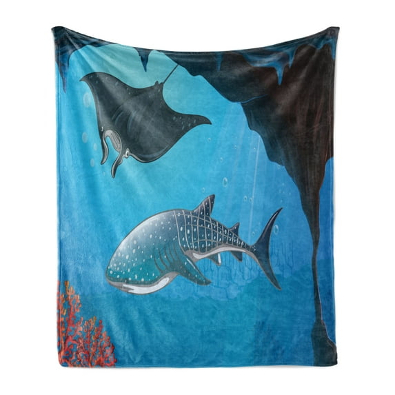 Shark Soft Flannel Fleece Throw Blanket, Mammal Deep Water Stingray Coral Reefs Algae Rocky Cave Exotic Cartoon Style Art, Cozy Plush for Indoor and Outdoor Use, 50" x 60", Blue Grey, by Ambesonne