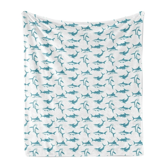 Shark Soft Flannel Fleece Throw Blanket, Scary Predators of the Seas Blue Fishes with Fins and Sharp Teeth Marine Cartoon, Cozy Plush for Indoor and Outdoor Use, 70" x 90", Blue White, by Ambesonne