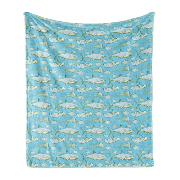Shark Soft Flannel Fleece Throw Blanket, Sea Creatures in Vintage Style Swimming Flatfish Stingray and Jellyfish, Cozy Plush for Indoor and Outdoor Use, 70" x 90", Pale Blue Grey Green, by Ambesonne