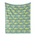 thumbnail image 1 of Shark Soft Flannel Fleece Throw Blanket, Silhouettes Saying Hi Fish Friendly Representation Nautical, Cozy Plush for Indoor and Outdoor Use, 50" x 70", Sea Green Yellow, by Ambesonne, 1 of 5