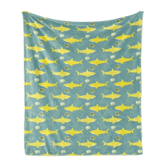 Shark Soft Flannel Fleece Throw Blanket, Silhouettes Saying Hi Fish Friendly Representation Nautical, Cozy Plush for Indoor and Outdoor Use, 70" x 90", Sea Green Yellow, by Ambesonne
