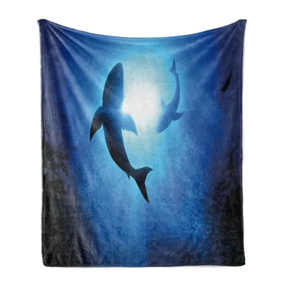 Shark Soft Flannel Fleece Throw Blanket, Underwater World Fish Silhouettes Circling in the Sea Surreal Ocean Life Print, Cozy Plush for Indoor and Outdoor Use, 60" x 80", Royal Blue, by Ambesonne