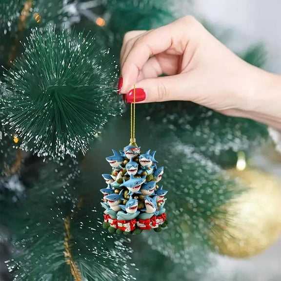 Shark Stack Acrylic Decoration Christmas Tree, 3.5inch Tree Stack Design Mini Pendant Break-Resistant Flat 2D Small Hanging Decor