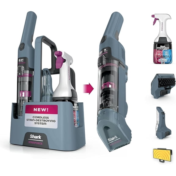 Shark StainForce Cordless Portable Spot, Stain, & Odor Remover System for Carpets, Area Rugs, Upholstery, Stairs, with Storage Caddy, Accessories, and Full-Size Cleaning Solution, HX105