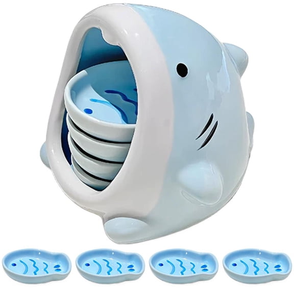 Shark Storage Jar with 5 Fish-Shaped Dipping Saucers in Blue, Ceramic Sushi Condiment Set for Kitchen and Dining Table, 12.5x12.5x13cm