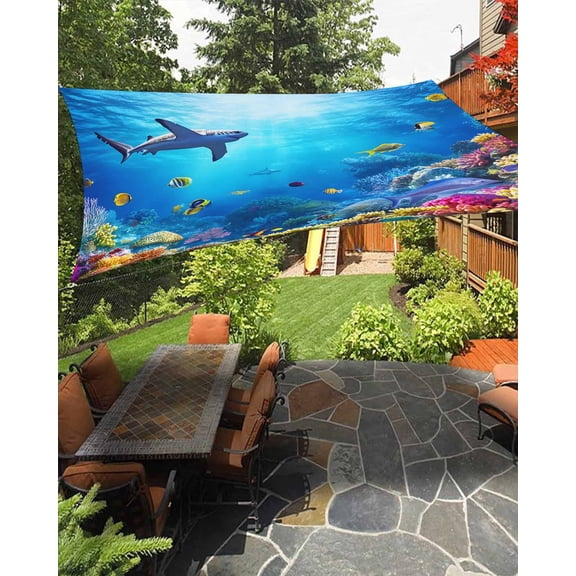 Shark Sun Sail Shades Rectangle Canopy,Sunlight Block Heavy Duty Curved Backyard Shade Cover,Blue Ocean Underwater Animal Coral Tropical Fish Waterproof Sun Shades for Patios Garden Pergola 6.5'x10'
