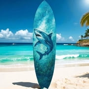 Shark Surfboard Wall Art   Watercolor Ocean Decor, Indoor Outdoor PVC, Coastal Shark Beach House Decoration, 5 Foot