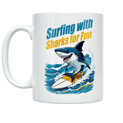 Shark Surfing Humor - Ocean Adventure Enthusiast - 11 oz Ceramic Coffee Mug