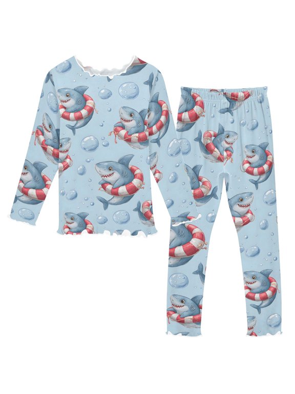 Shark Swim Ring Long Sleeve Snug Fit Pajama Set 2 Piece Soft Warm Fleece Top and Pants Sleepwear PJs