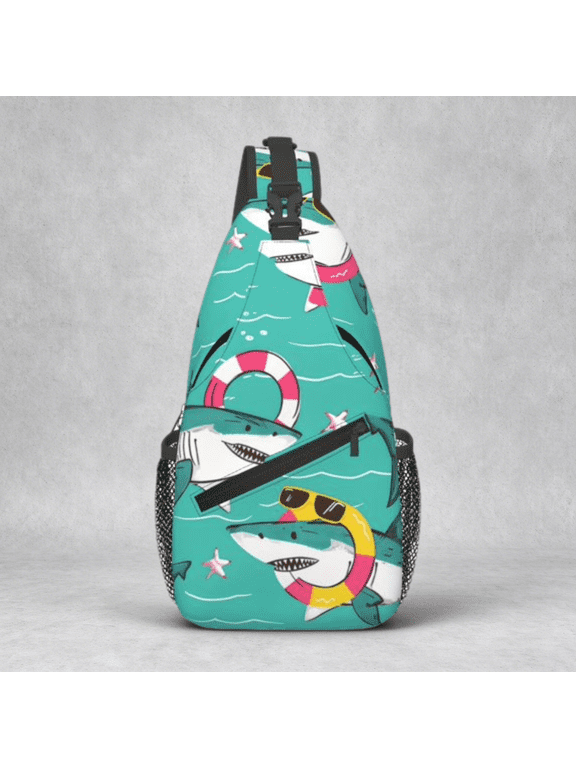 Shark with Swim Ring Print Sling Bag, Foldable Crossbody Backpack for Travel and Beach