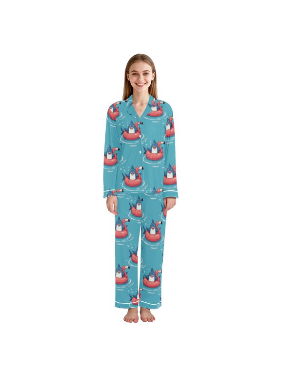 Shark Swimming Pattern Women Pajama Set Soft Notch Collar Button Down Long Sleeve Lounge Sleepwear Medium