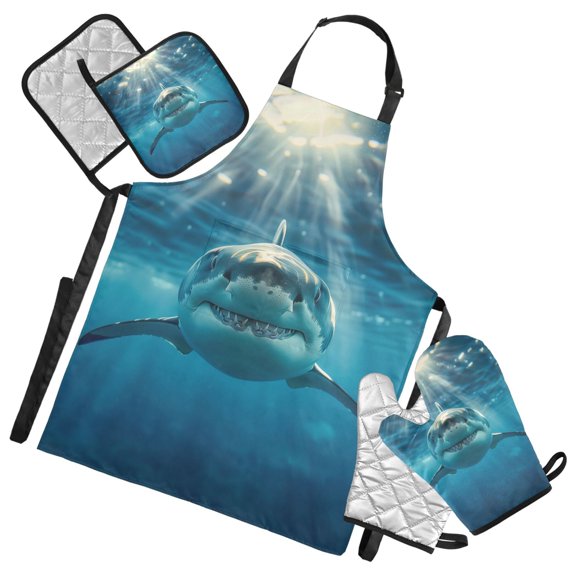 Shark Swimming Underwater 5 Pcs Kitchen Set Heat Resistant Oven Mitts and Non-Slip Pot Holders with Adjustable Cooking Apron