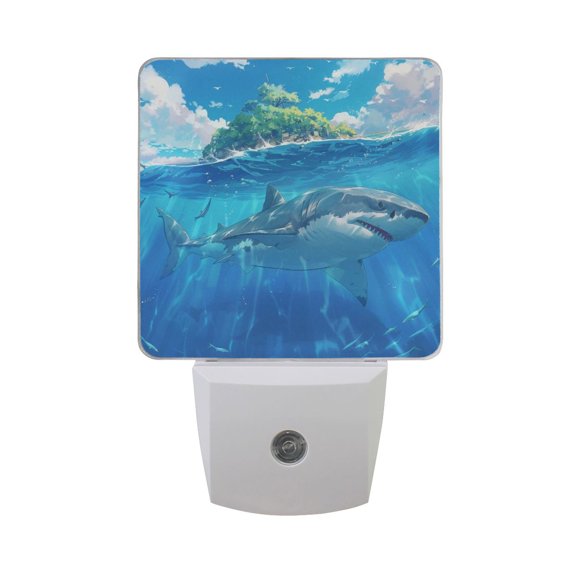Shark Swimming and Islands Night Light 2 Pack LED Nightlight Plug into Wall Dusk to Dawn Sensor Soft White
