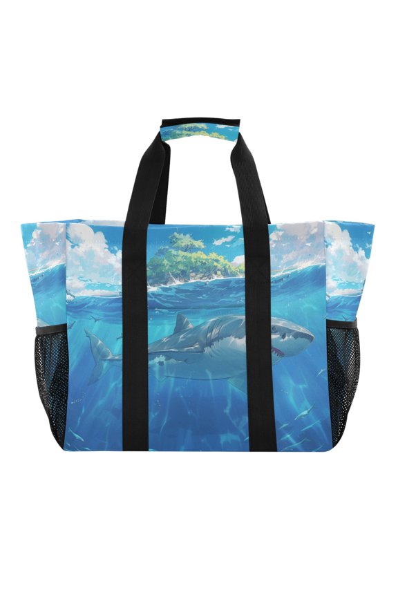 Shark Swimming and Islands Reusable Grocery Bags with Handle Side Pocket Waterproof Shopping Portable Tote