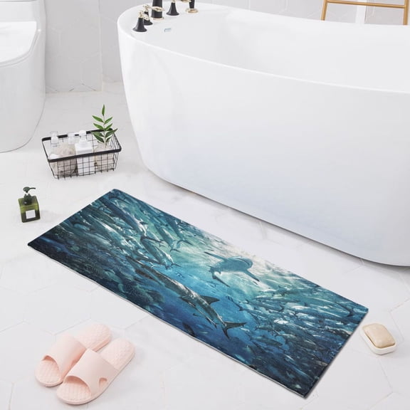 Shark Swimming in Fish Schools Bath Mat 39x20 Non-Slip Bathroom Rugs Absorbent Soft Plush Quick Dry for Tub Shower Kitchen Home Decor