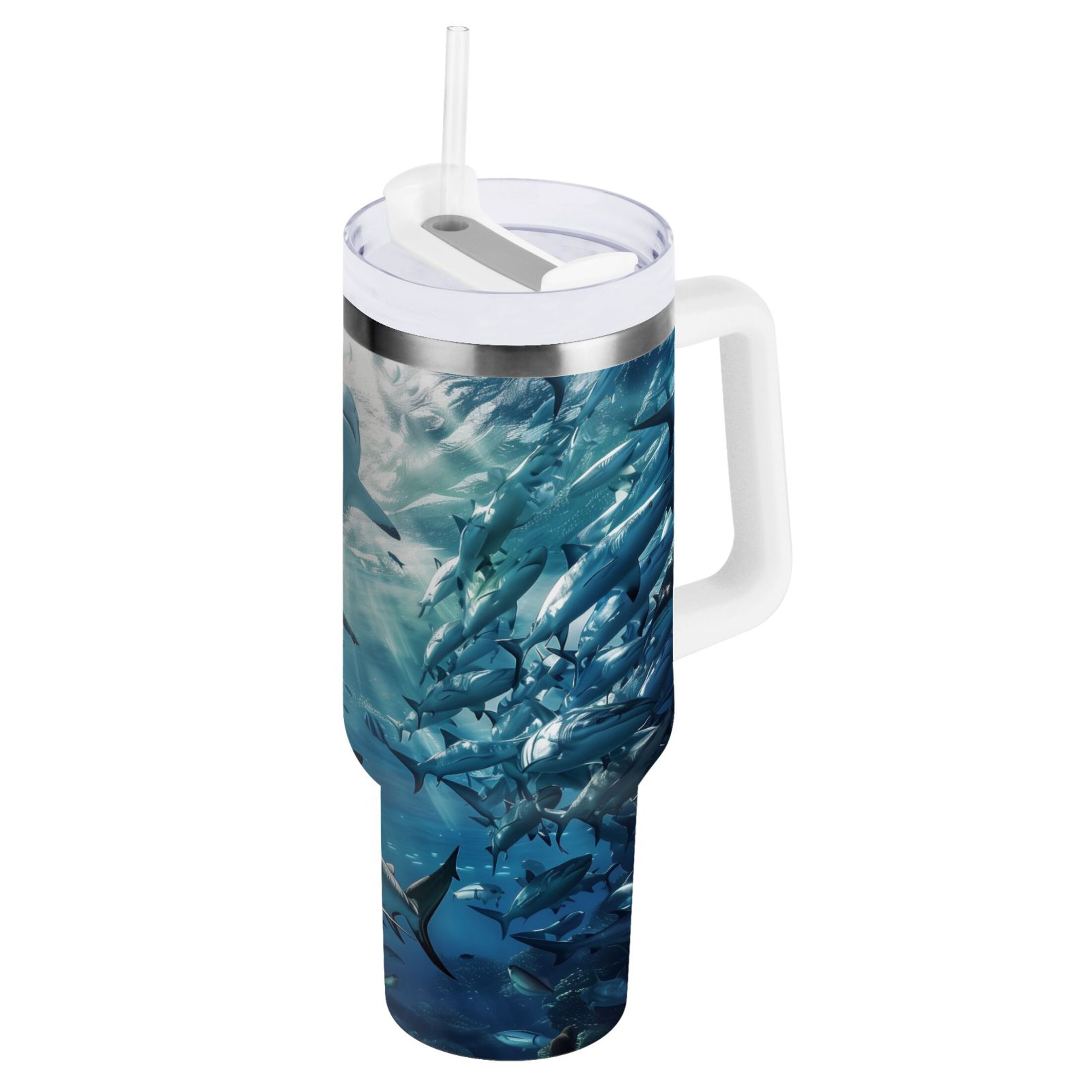 Shark Swimming in Fish Schools Tumbler with Handle and Straw Lid 30 oz ...