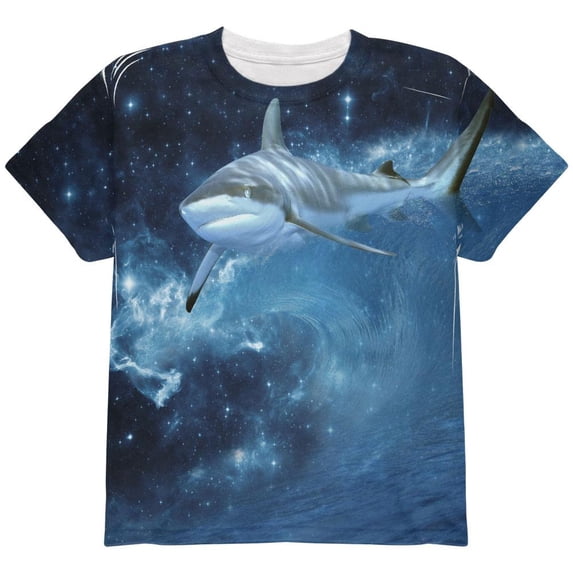 Shark Swimming in Space Galaxy All Over Youth T Shirt Multi YLG