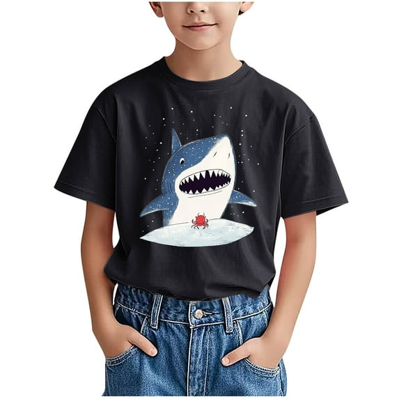 Shark T-Shirts for Boys Summer Casual Graphic Tees Comfort Short Sleeve Tops School Dailywear Fashion Outfits, Black, 7 Years
