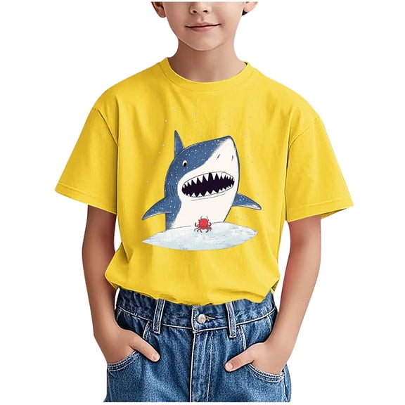 Shark T-Shirts for Boys Summer Casual Graphic Tees Comfort Short Sleeve Tops School Dailywear Fashion Outfits, Yellow, 3 Years