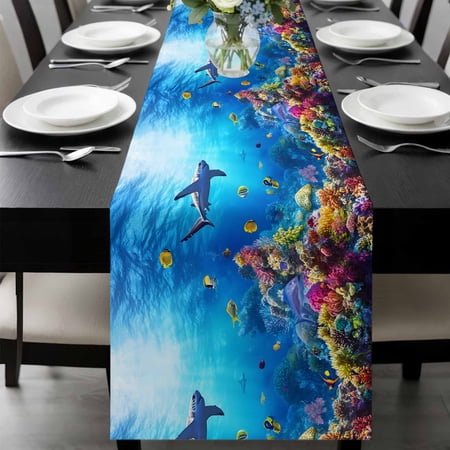 Shark Table Runner 72 Inches Long, Blue Ocean Underwater Animal Coral Tropical Fish Kitchen Coffee Dining Table Decoration for Home Party Birthday Wedding Home Decor 14x72 Inches