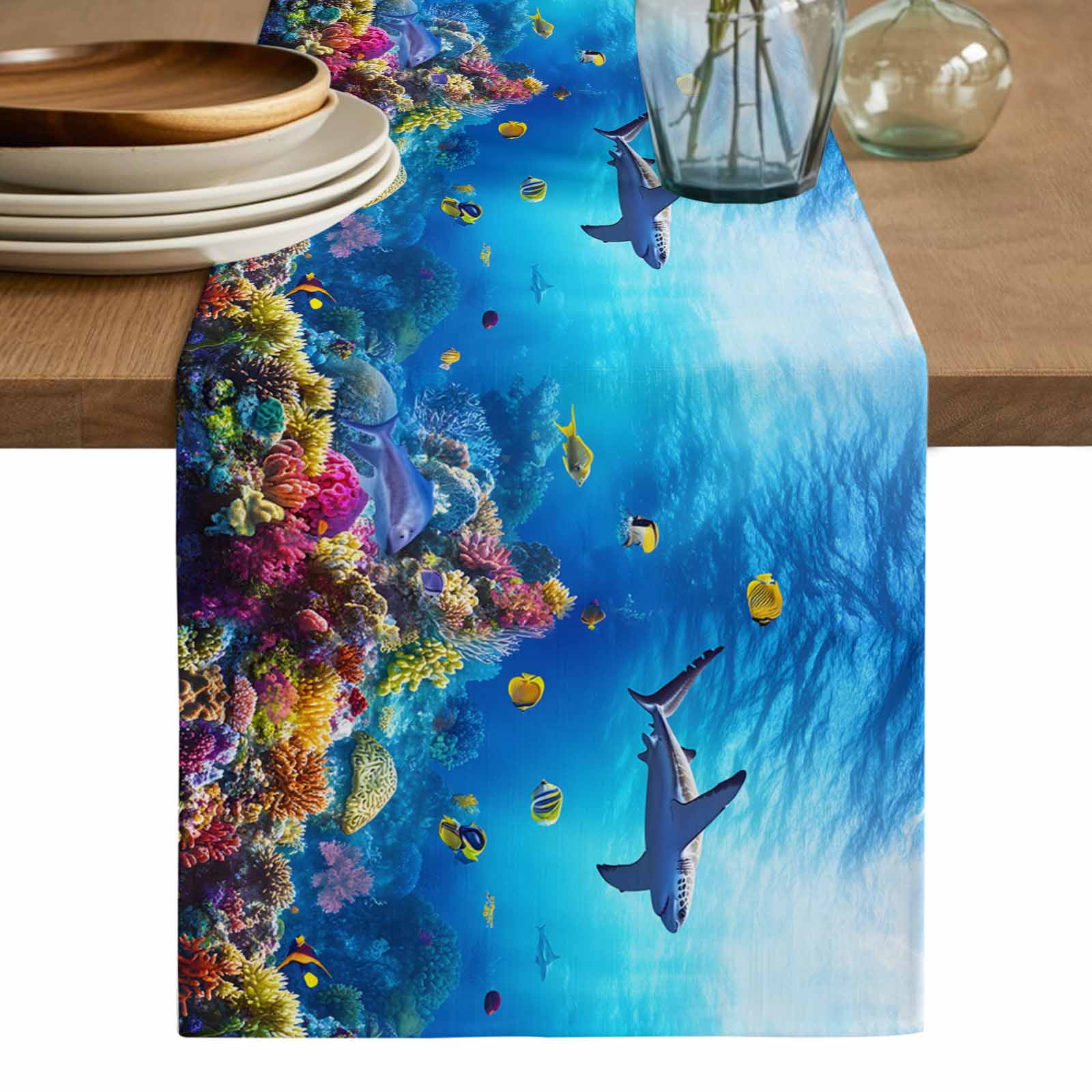 Shark Table Runner, Blue Ocean Underwater Animal Coral Tropical Fish ...