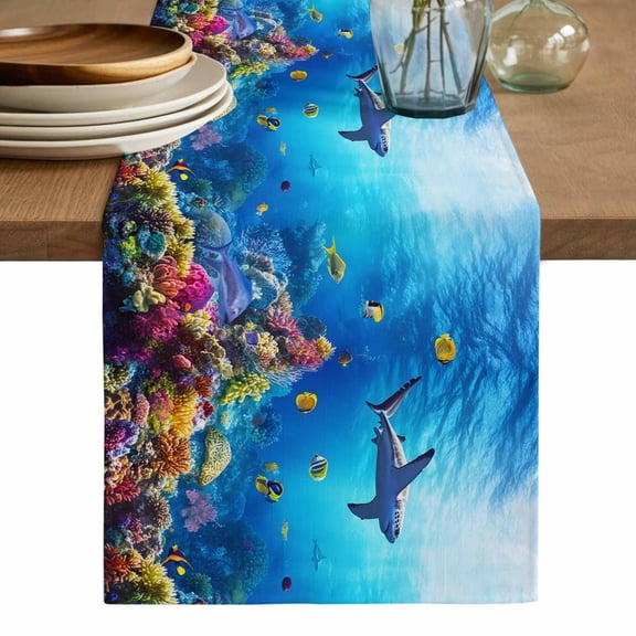 Shark Table Runner, Blue Ocean Underwater Animal Coral Tropical Fish Washable Cotton Linen Table Runners 72 Inches Long, Dresser Scarf Runner for Dining/Coffee/Kitchen/TV Stands/Cabinets 13''x72''