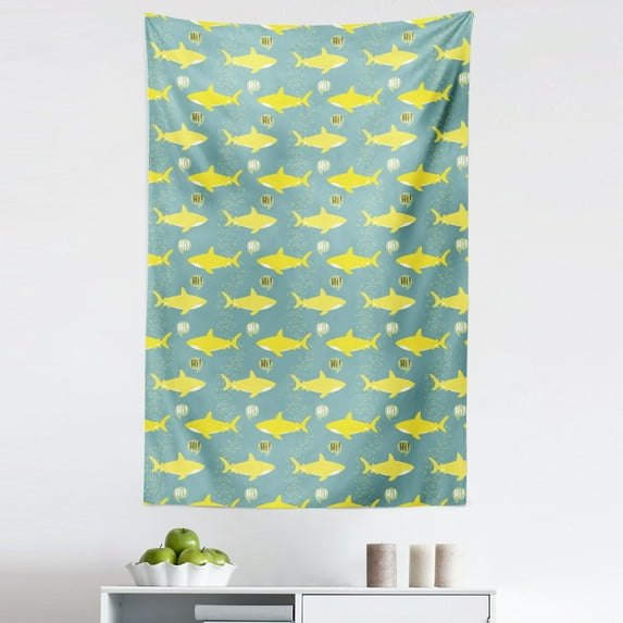 Shark Tapestry, Silhouettes Saying Hi Fish Friendly Representation Nautical, Fabric Wall Hanging Decor for Bedroom Living Room Dorm, 5 Sizes, Sea Green Yellow, by Ambesonne