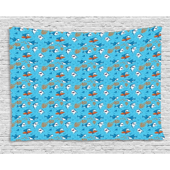 Shark Tapestry, Underwater Fantasy World with Funny Fish Characters Cheerful Childish Mascots, Wall Hanging for Bedroom Living Room Dorm Decor, 80W X 60L Inches, Blue White Orange, by Ambesonne
