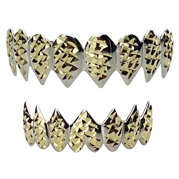 Shark Teeth Grillz Set Diamond Cut 8 Top & Eight Bottom Mouth Grills 2 Two Tone