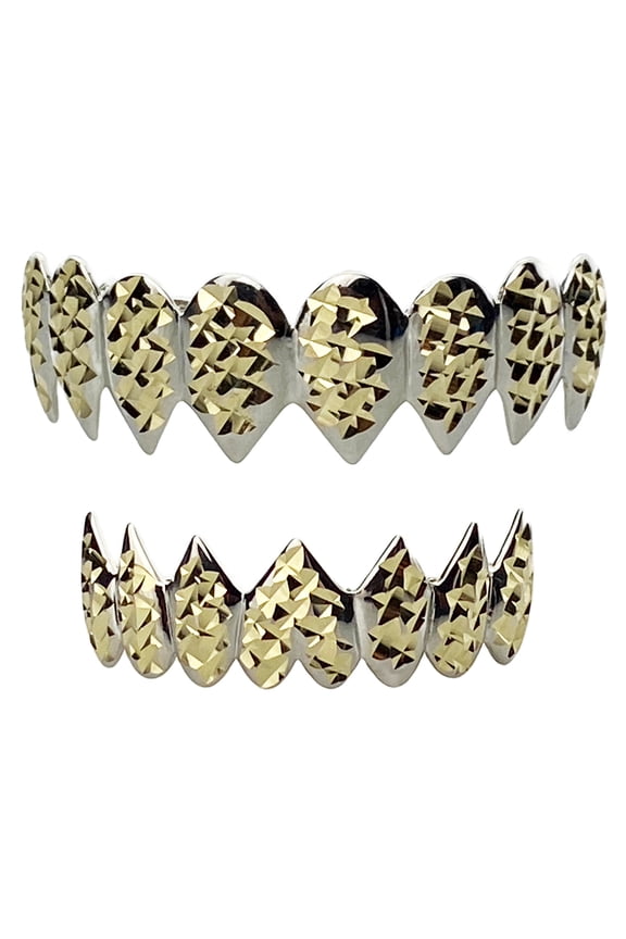 Shark Teeth Grillz Set Diamond Cut 8 Top & Eight Bottom Mouth Grills 2 Two Tone