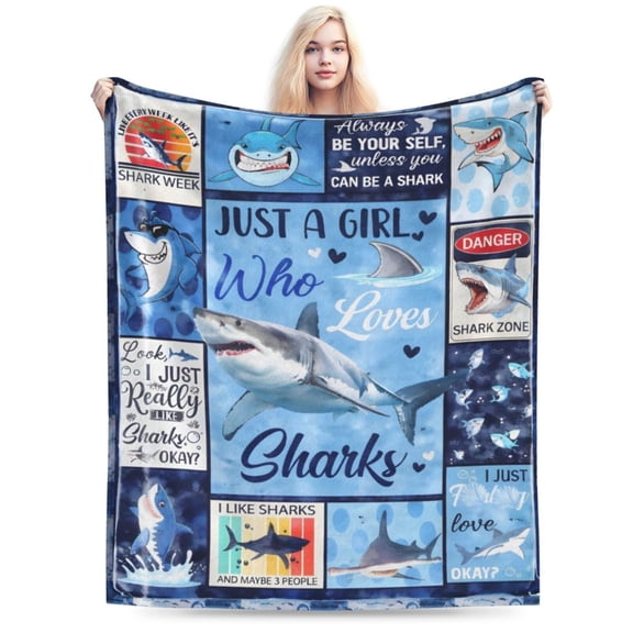 Shark Throw Blanket Gifts - Ocean Animals Blanket Gift for Boys Girls Shark Lovers Just a Girl Who Loves Sharks Flannel Throw Blankets Gift for Bed Couch Sofa Living Room 50x40