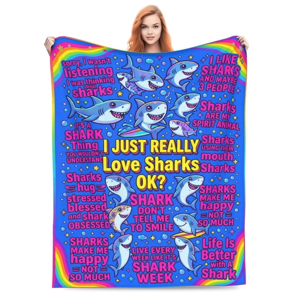 Shark Throw Blanket, Ocean Shark Theme with Marine Animal Design, Soft Flannel Blanket for Shark Lovers Adults 50x40