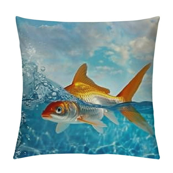 Shark Throw Pillow Cushion Cover, Goldfish with Shark Fin on Top of The Water Fake Comical Humorous Nature Image, Decorative Square Accent Pillow Case Blue Orange
