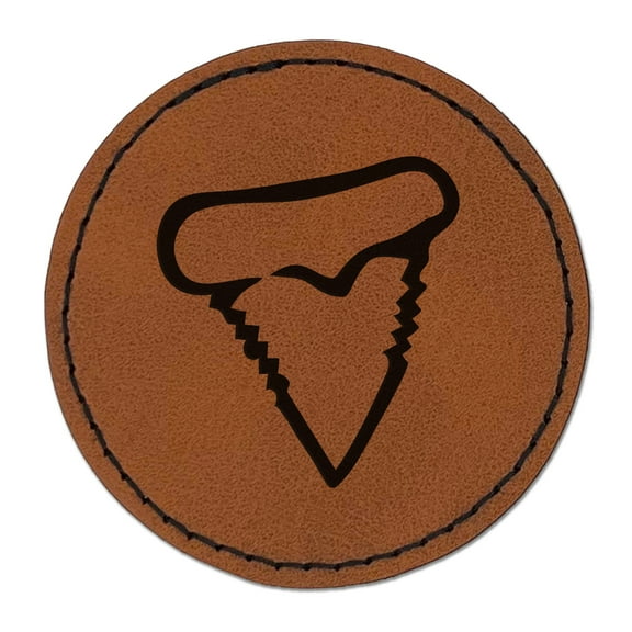 Shark Tooth Fang 2.5" Faux Leather Round Engraved Iron-On Patch - Brown