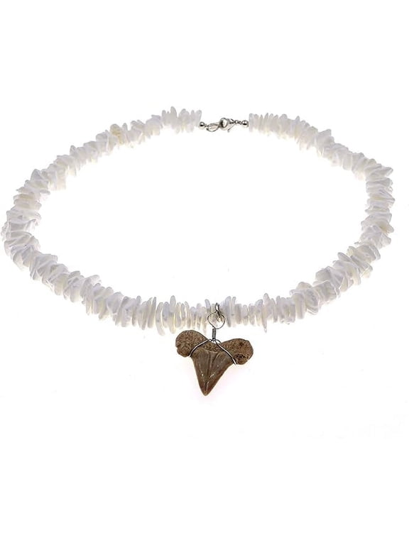 Shark Tooth Necklace - 20" Puka Shell Choker, Fossil Teeth Beach Surf Necklaces