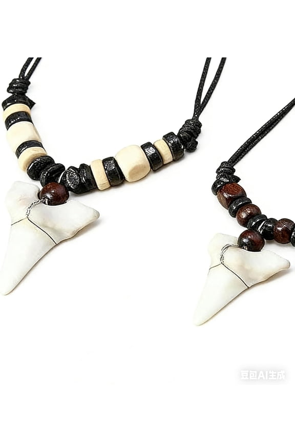 Shark Tooth Necklace Set  2-Piece Tribal Resin Pendant with Wood Beads  Adjustable Surfer Jewellery for Men and Women  Retro Beach Style Accessory for Holiday, Cosplay, and Summer Wear