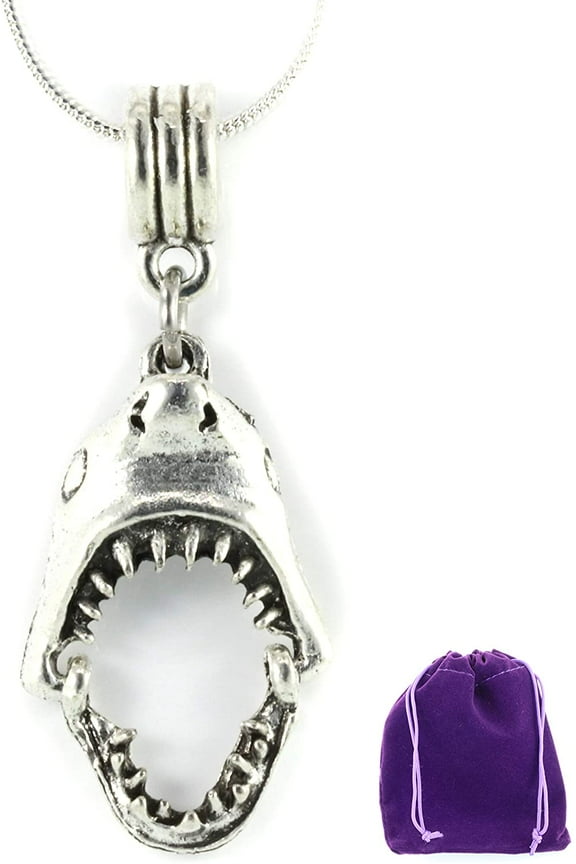 Shark Tooth Necklace | Shark Necklace on a 22 inch Stainless Steel Chain a Shark Jaw Charm on a Shark Tooth Necklace for Men and Women with Moveable Jaw Shark Charm with Shark Teeth for Biting Action