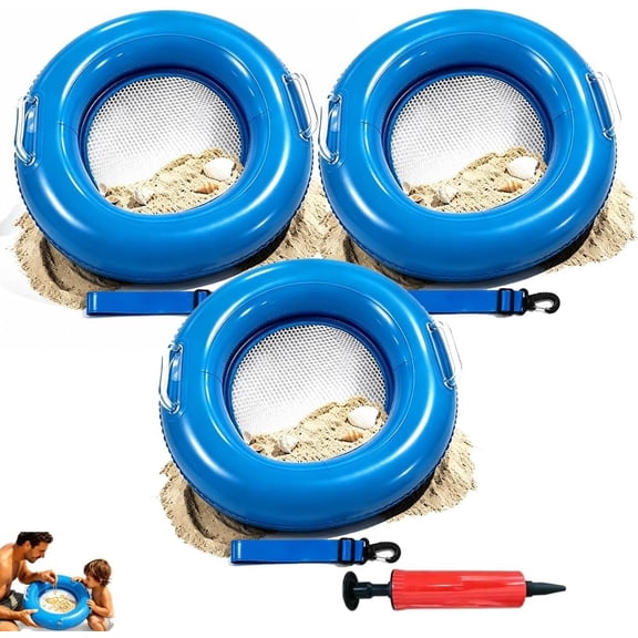 Shark Tooth Sifter Floating Sand Sifter for Beach, Inflatable Shell Fossils Collecting Tool with Retractable Handle, Lightweight PVC Mesh Screen for Treasure Hunting(3pcs)Q