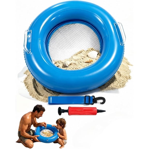 Shark Tooth Sifter, Inflatable Floating Beach Sand Sifter with Retractable Handle & Wrist Strap, Lightweight Mesh Fossil Hunting Tool for Shells, Fossils & Beach Collecting (1pc)