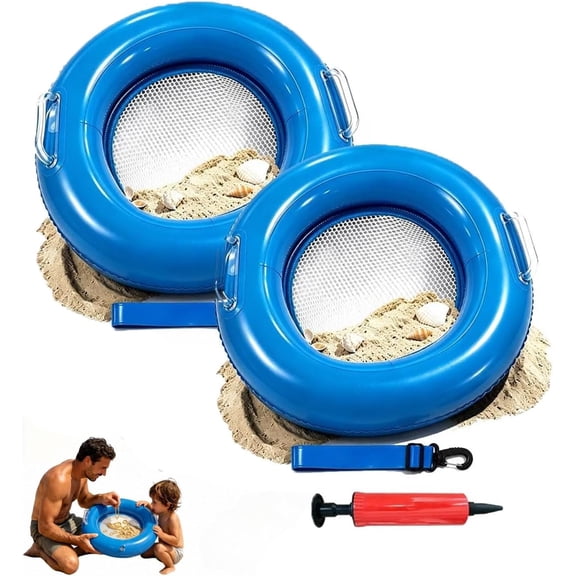 Shark Tooth Sifter, Inflatable Floating Beach Sand Sifter with Retractable Handle & Wrist Strap, Lightweight Mesh Fossil Hunting Tool for Shells, Fossils & Beach Collecting (2pc)