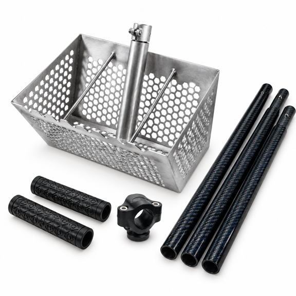 Shark Tooth Sifter and Sand Scoop for Beach, Flea Rake with Carbon Handle, Stainless Steel